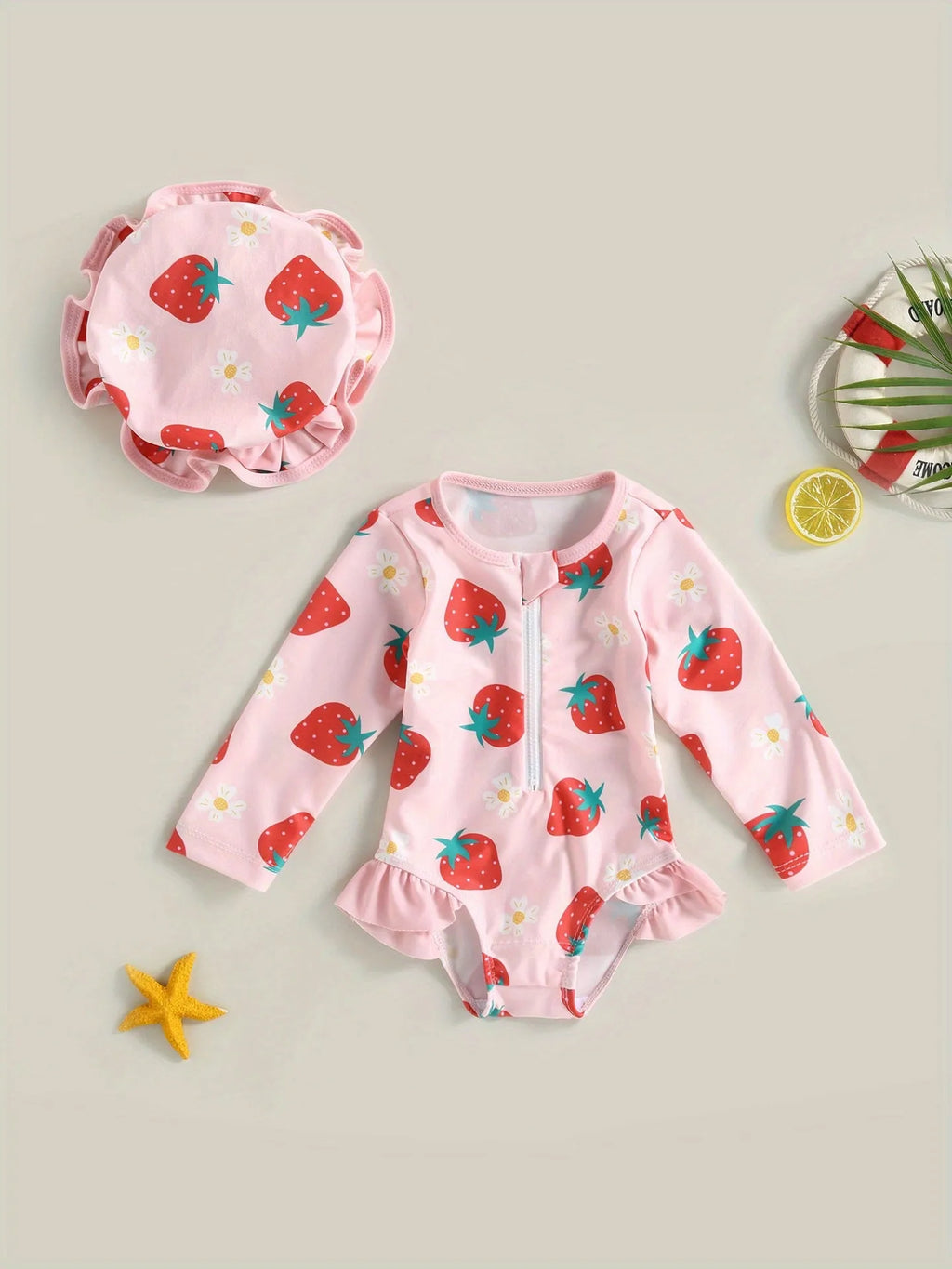 Baby girl one-piece swimsuit with matching hat in pink, polypropylene fibre fabric, size 12-18M