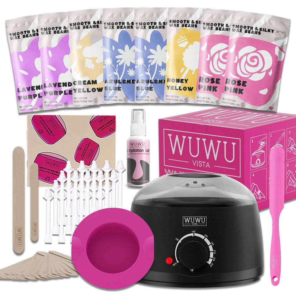 WUWUVISTA 63-piece waxing kit with pink wax warmer, wax beads, lotion, and applicator sticks on a table