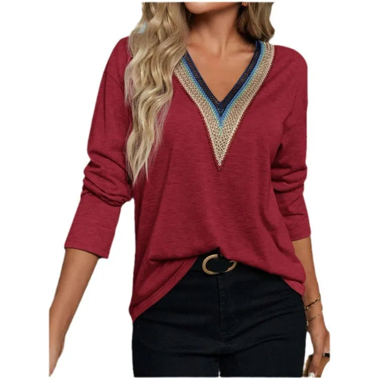 Autumn winter lace spliced V-neck loose long sleeve polyester top in green