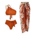 Women's brown high waist bikini with a sheer chiffon dress overlay attached.