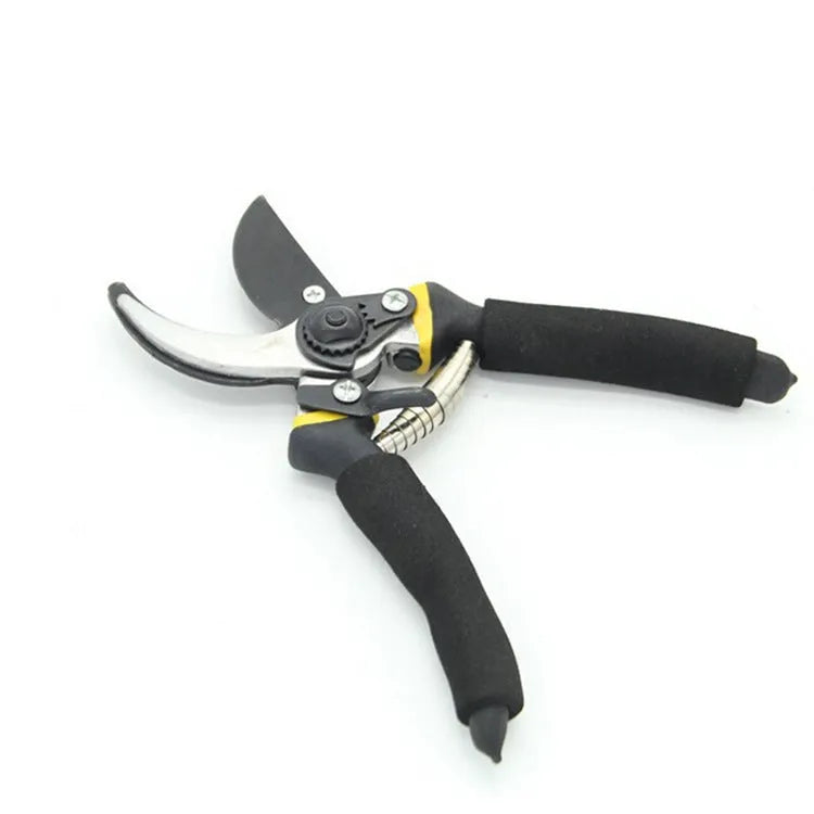 200mm garden shears with 50# steel Teflon-coated elbow blade, 30mm trimming diameter, and PVC handles in yellow or green