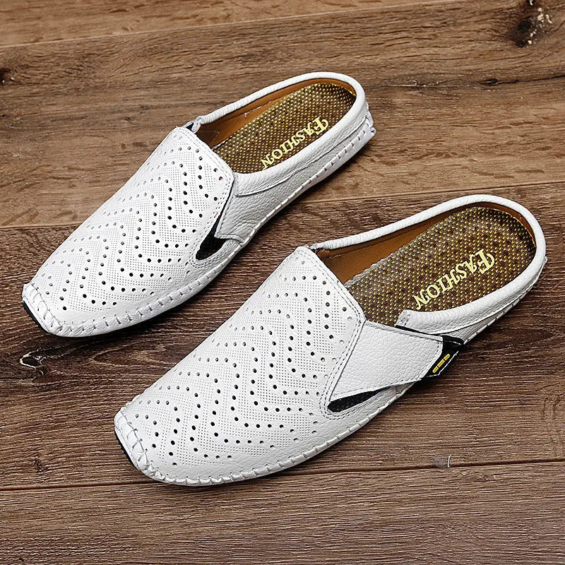 Muller low-top cowhide slip-on shoes with flat heel and sewn rubber sole in white, blue, black or brown
