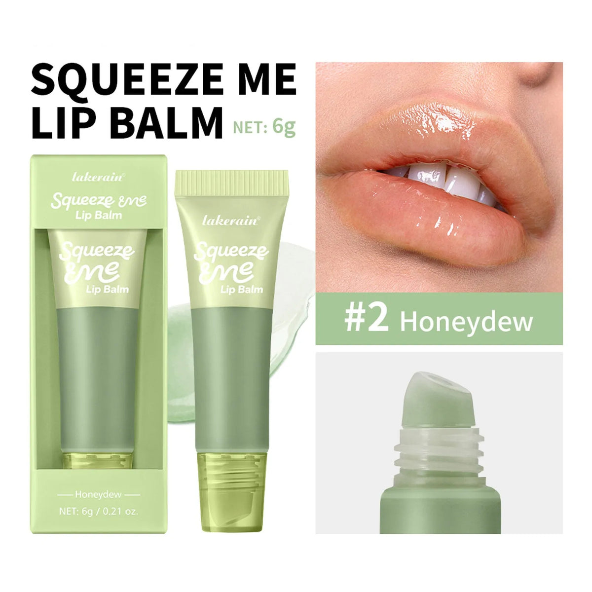 6g squeeze lip balm tube with sweet fruit flavours including Grape, Honeydew, Peach, Strawberry, and Vanilla Frosting.