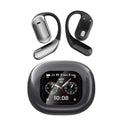 Ear-mounted Bluetooth headset with LCD colour screen and AI translation in silver, side view