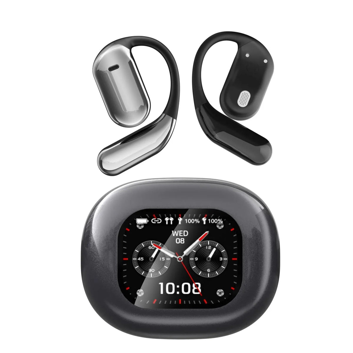 Ear-mounted Bluetooth headset with LCD colour screen and AI translation in silver, side view