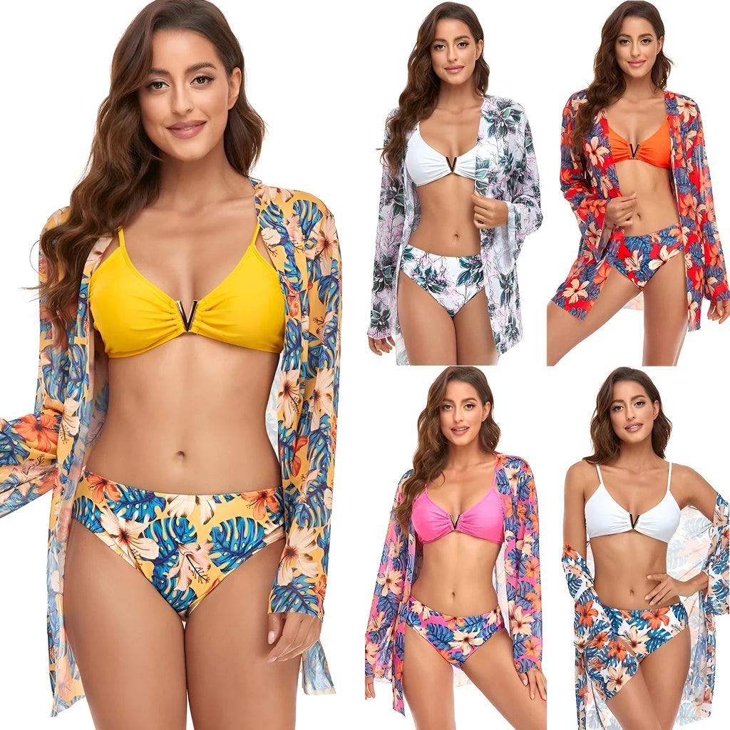 Three-piece V buckle solid colour printing triangle bikini set in polyester available in yellow white pink orange and white flower prints