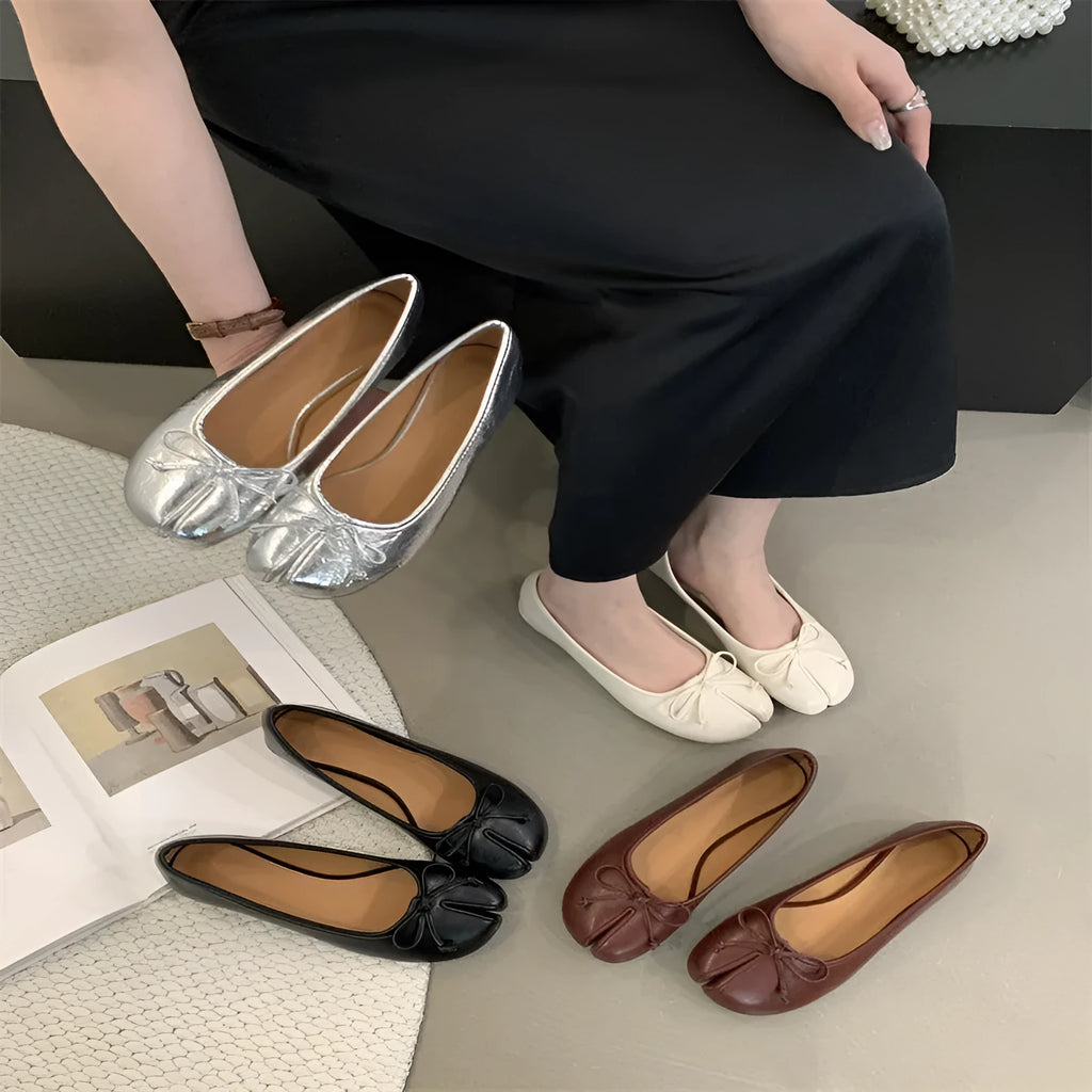 Women's split-toe flat shoes in round toe design, shown in available colours: black, silver, beige, and red.