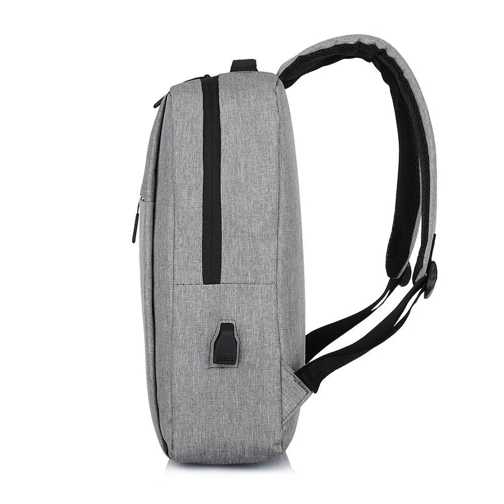 Large black sports backpack with USB charging port showing multiple compartments and curved shoulder straps