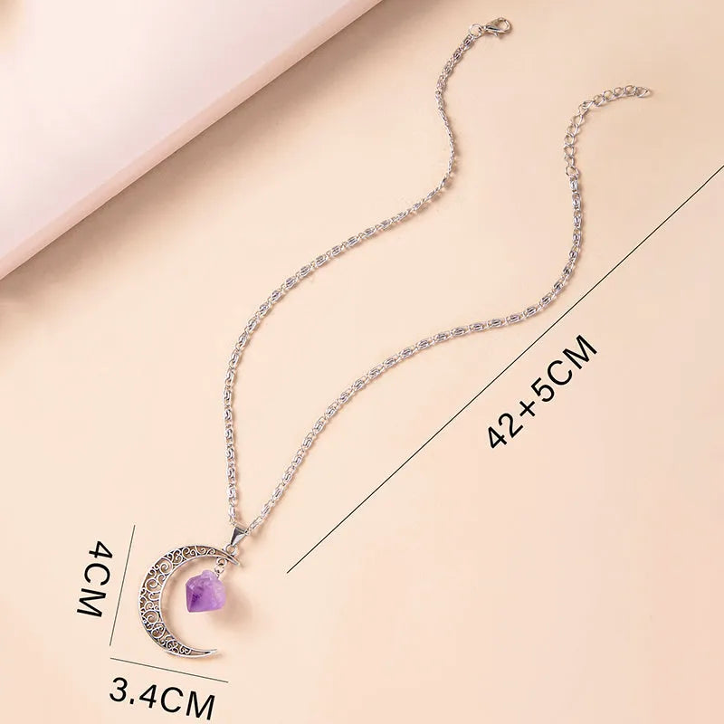 Vintage purple natural stone moon pendant necklace on Figaro chain, silver tone, women's jewellery