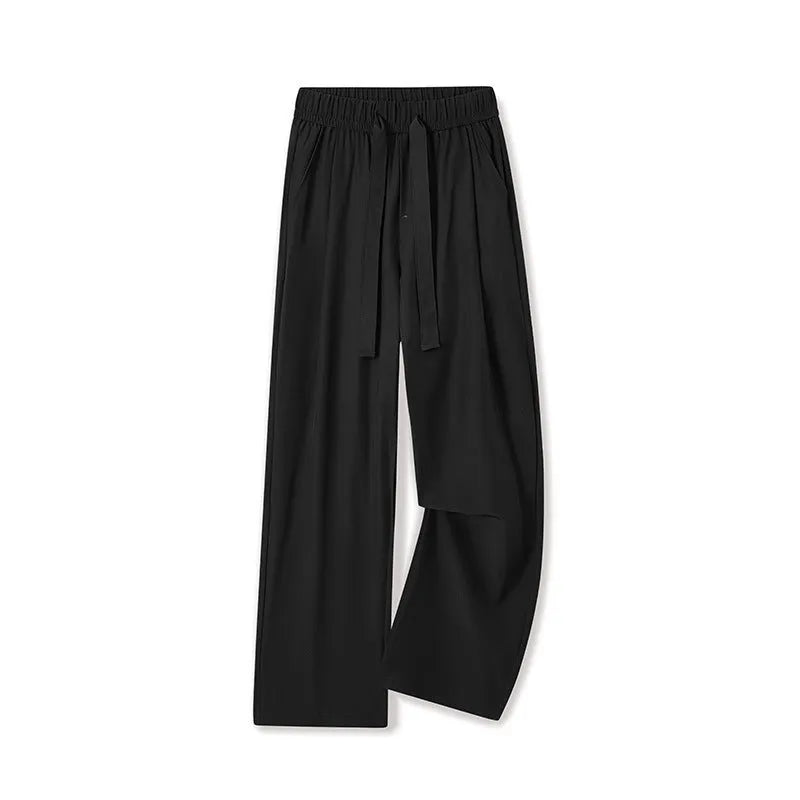 Men's quick-drying loose straight wide-leg casual pants in black polyester blend, side view