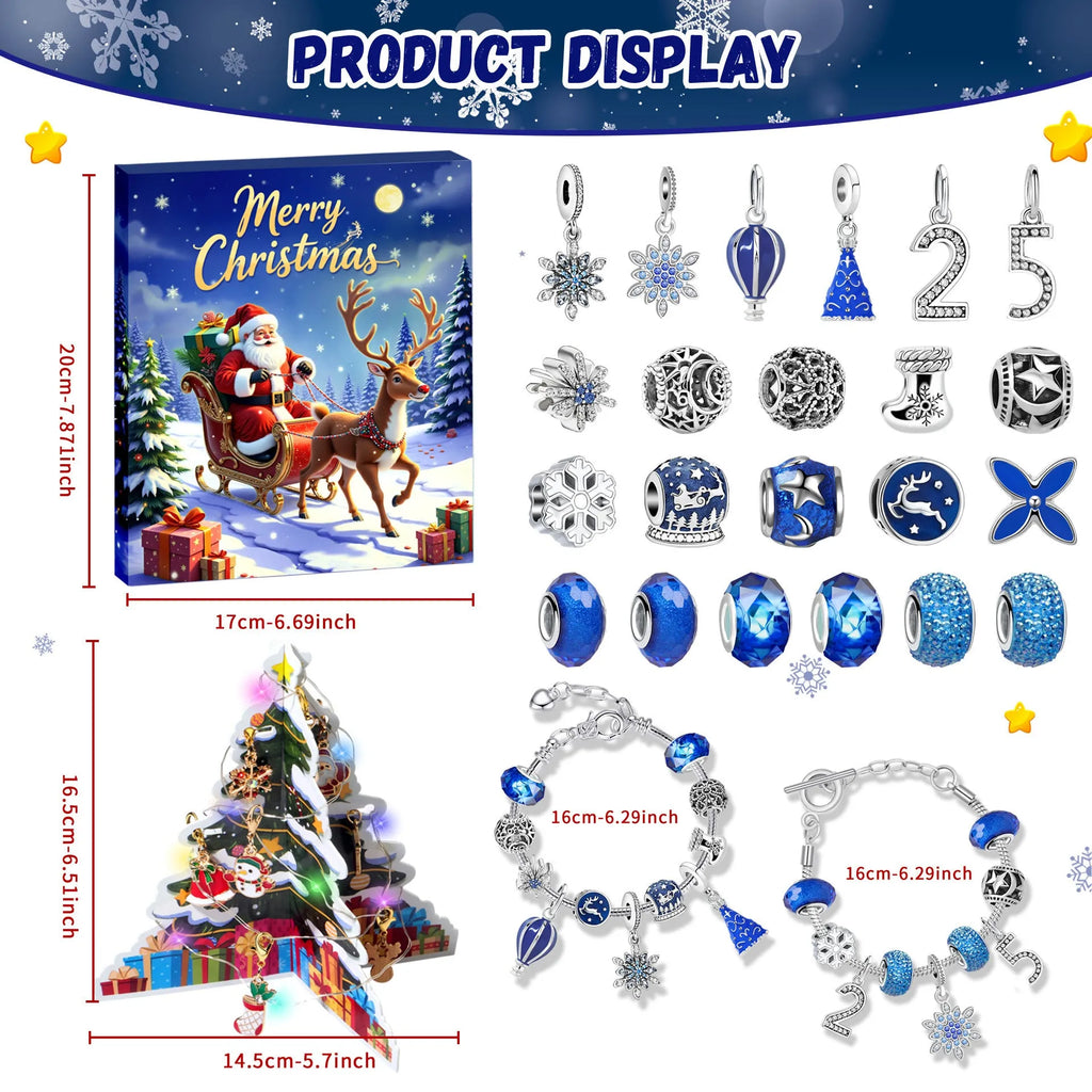 Zinc alloy 25 grid Christmas advent calendar with electroplated finish in blue, featuring a bracelet blind box