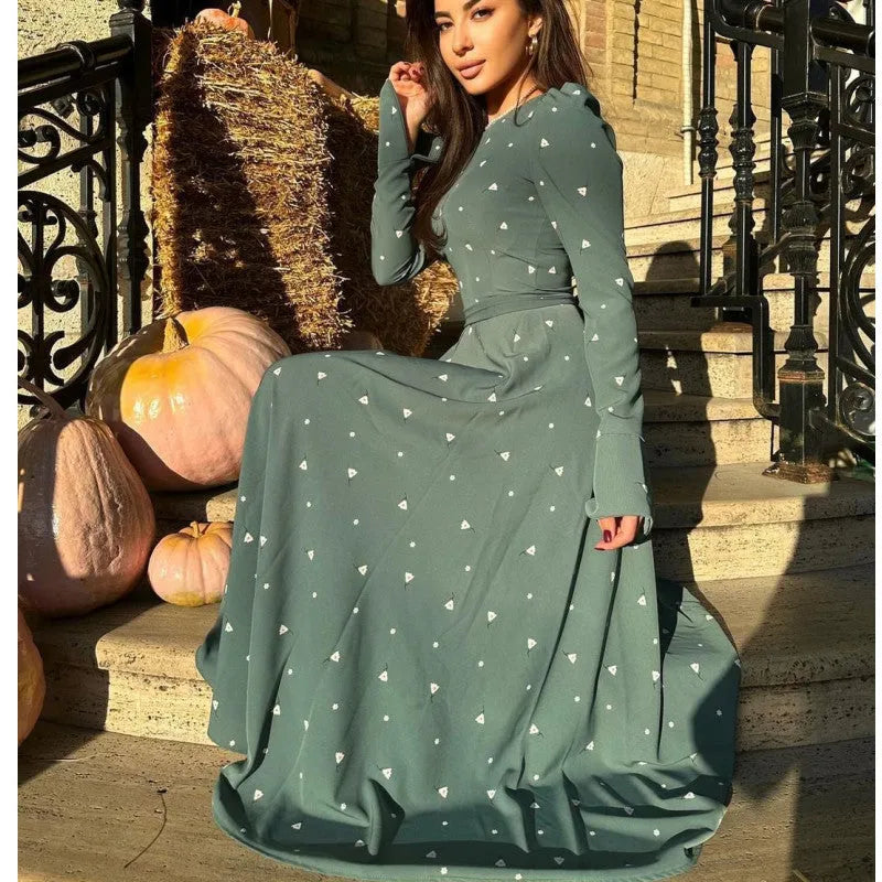 Women's floral print maxi dress, long sleeve, high waist, lace-up tie, black grey green apricot white