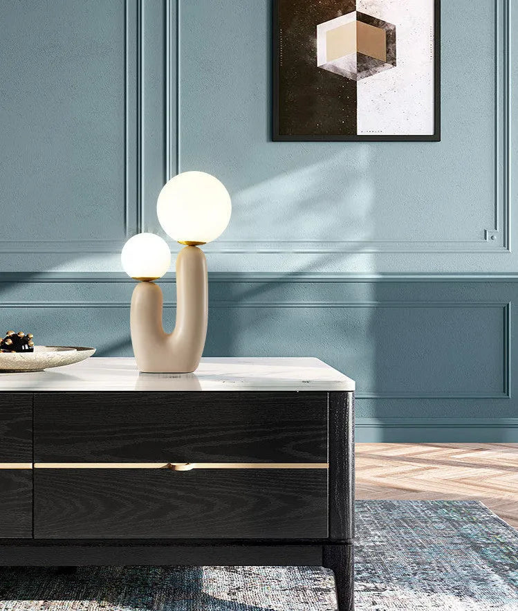 Double-head resin table lamp with pink baking paint finish, glass shade, 49cm height, on bedside table