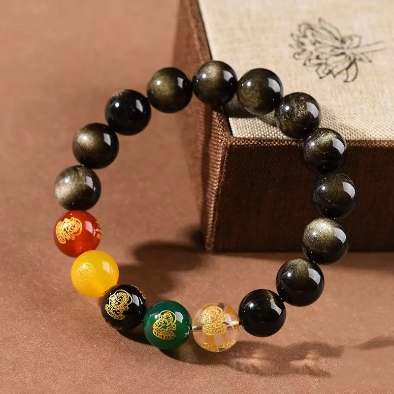 Single circle Five Gods Of Wealth men's obsidian bracelet in New Chinese style with animal zodiac modelling