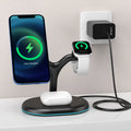 Black multifunctional three-in-one magnetic wireless charger on a table