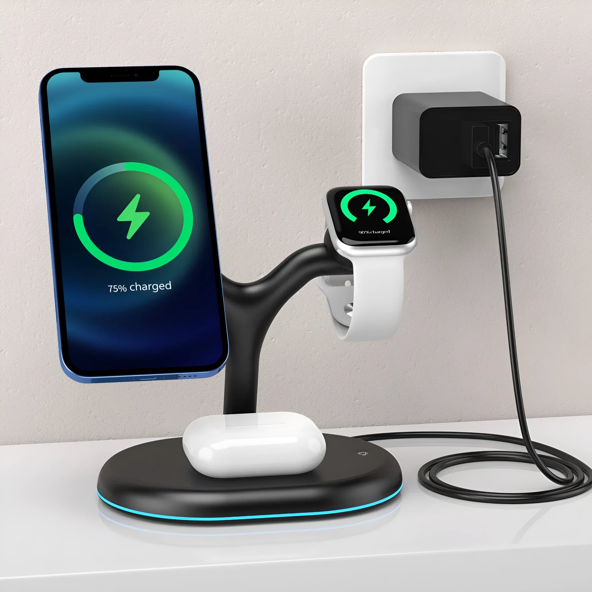 Black multifunctional three-in-one magnetic wireless charger on a table