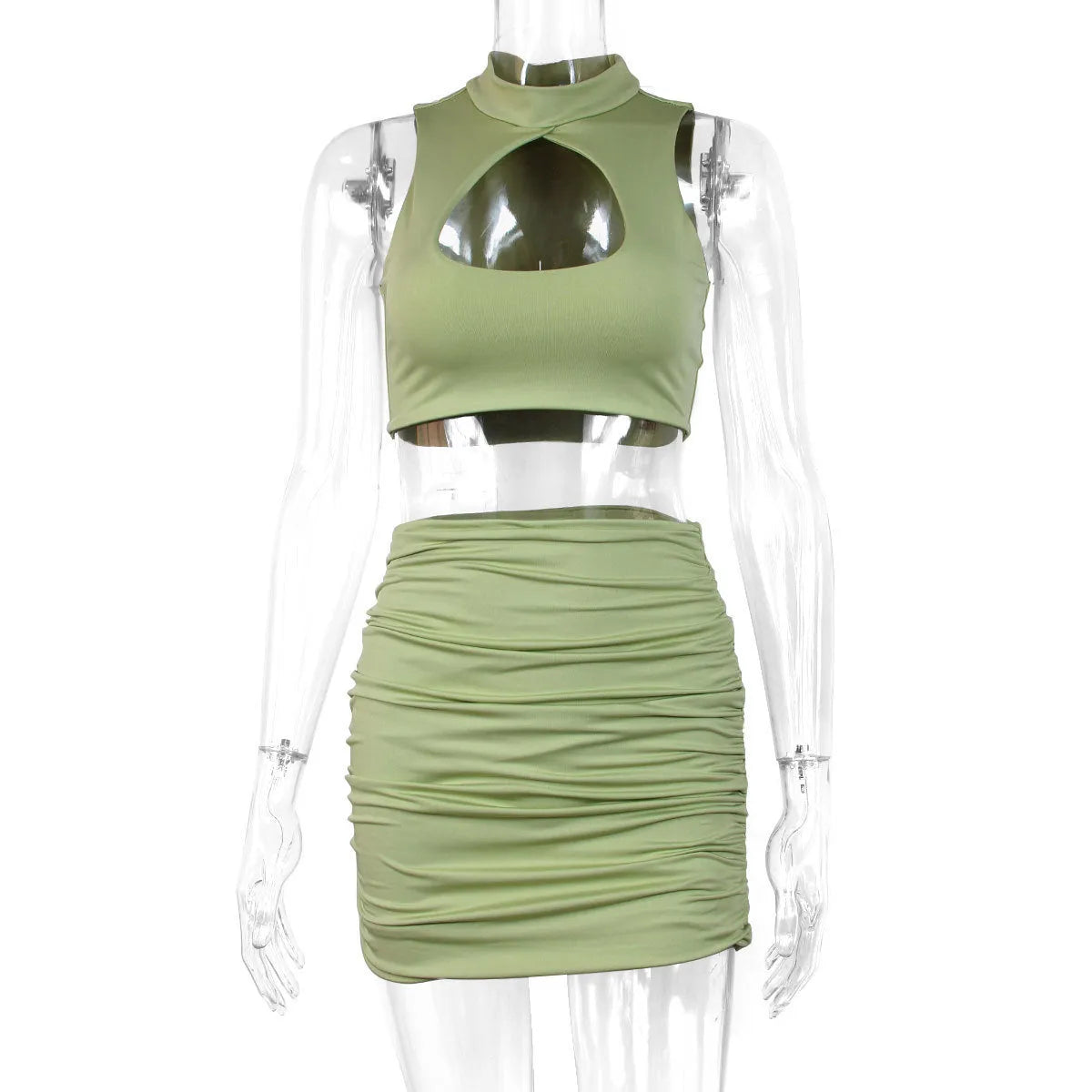 Women's light purple elastic polyester two-piece set with hollow vest top and matching hip skirt