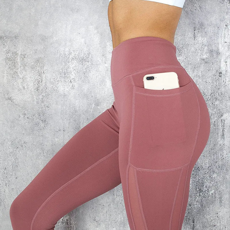 Women high-waist solid colour leggings with pockets, recycled leather, fleece lining, boot leg cut, available in black grey red sizes S-XL