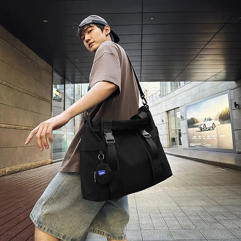 Grey Oxford cloth men's travel shoulder bag with separate coin purse showing large capacity design