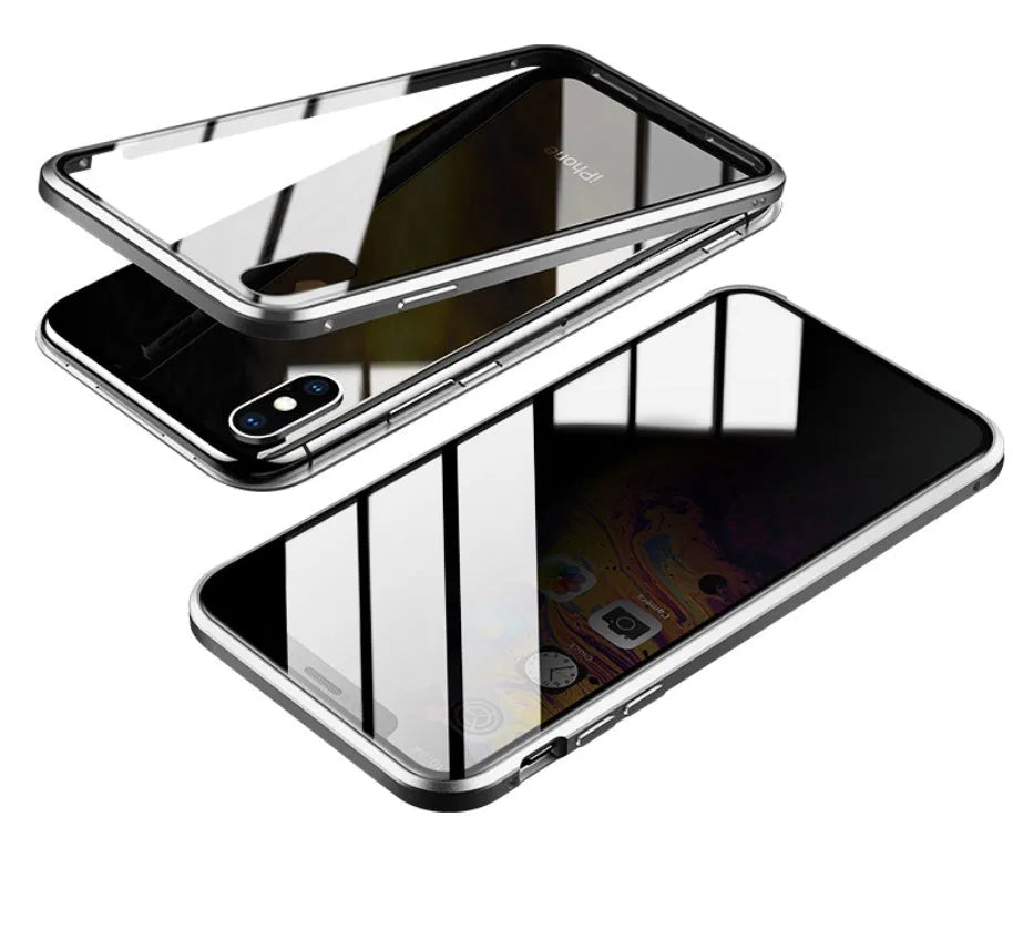 Closed clamshell anti-spy iPhone case in black showing tempered glass back and metallic Faraday cage interior.