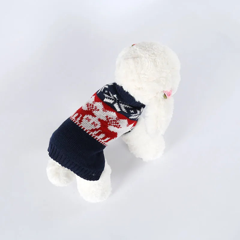 Navy blue knitted Christmas sweater for dogs with acrylic material and sizing from XS to L