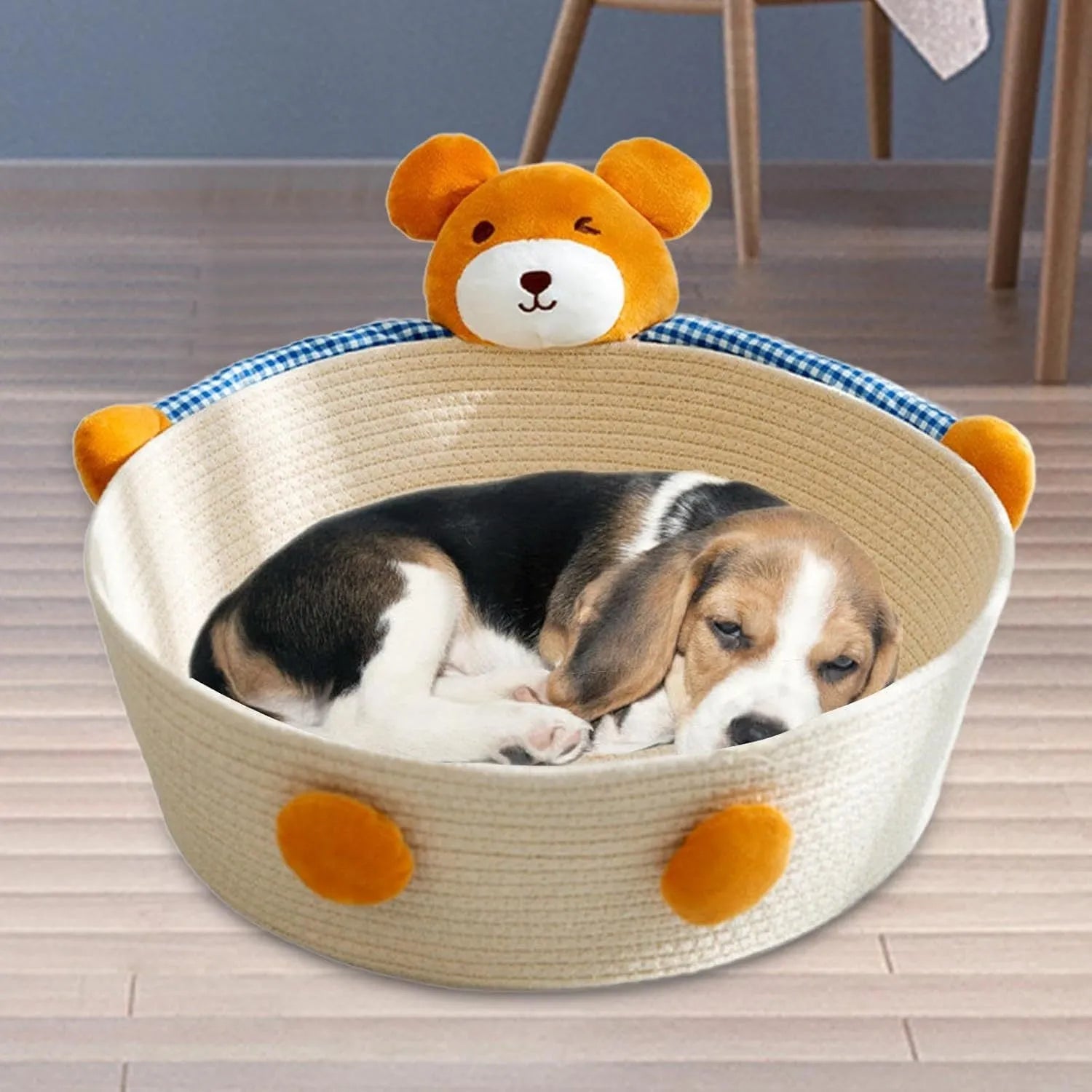 Woven cotton rope cat bed basket with scratching pad in bear design, shown in medium size.