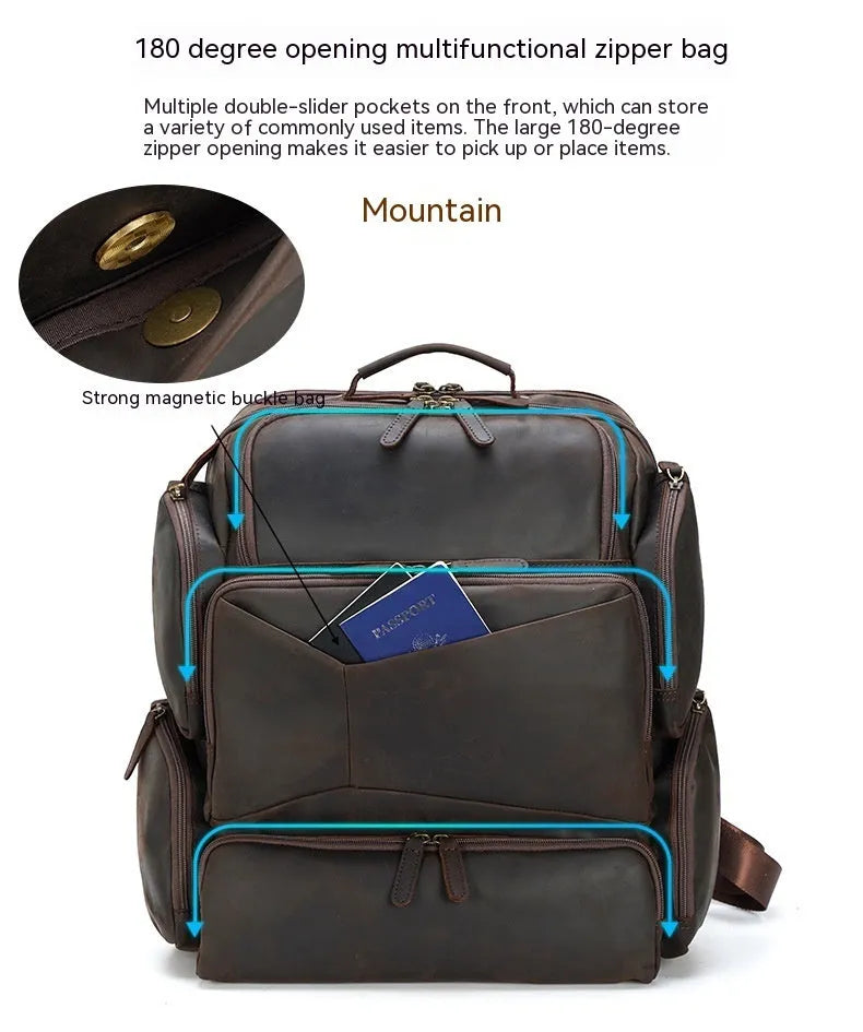 Dark brown retro crazy horse leather men's backpack showing external pockets and internal organiser for a 17-inch laptop.