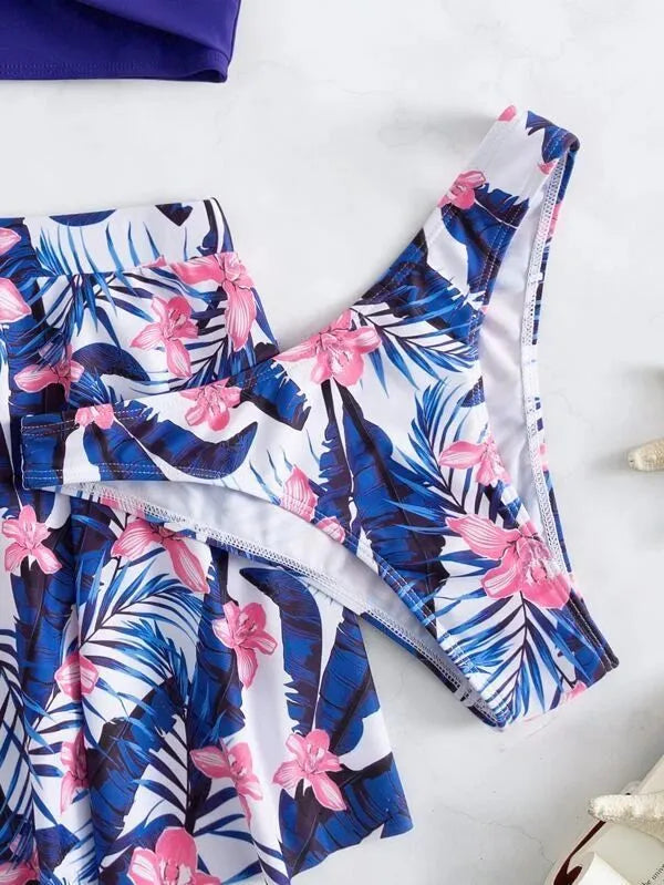 Women's high-waist bikini three-piece swimsuit in polyester fabric showing belly coverage design
