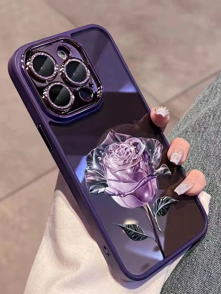 Dark Purple Fairy rose design TPU iPhone case with sparkling pink lens film for iPhone 11-14 models