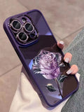 Dark Purple Fairy rose design TPU iPhone case with sparkling pink lens film for iPhone 11-14 models