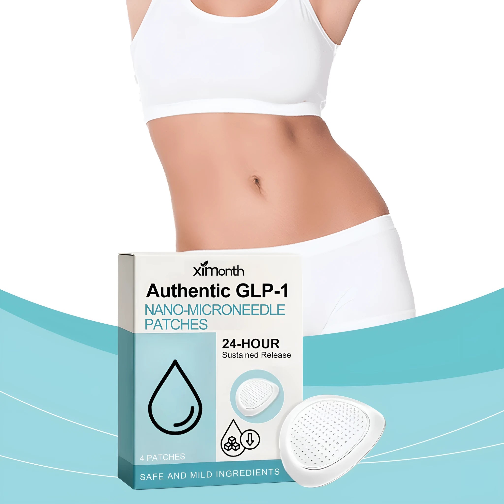 Four slimming microneedle patches on an adhesive bandage for body skin firming.