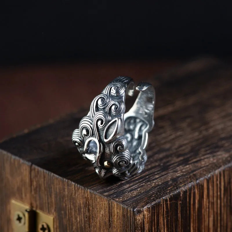 Silver open ring with adjustable design featuring detailed jibeast animal zodiac pattern modelling