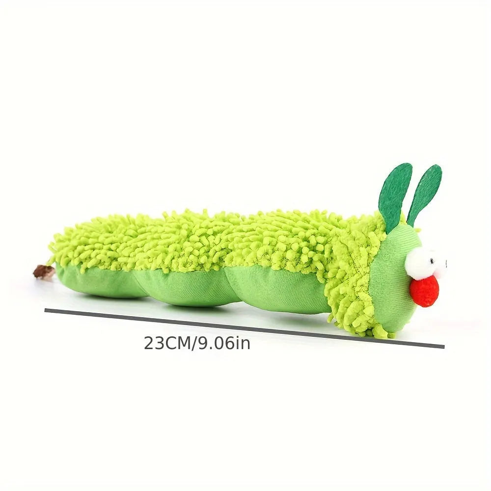 Green interactive cat toy pillow with rechargeable electronic mechanism and soft plush fabric