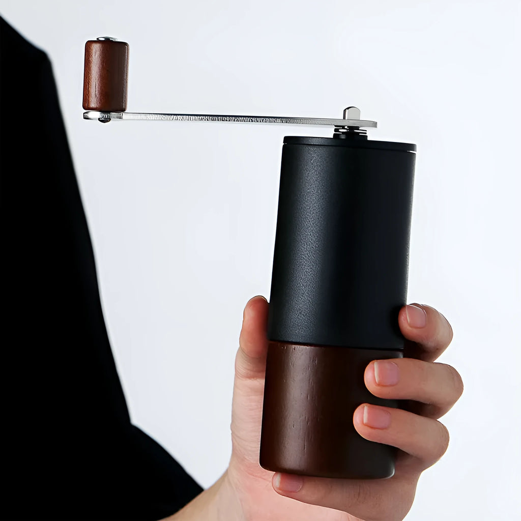 Hand-cranked grinder model YA1467 in black and black walnut wood grain finish, 49mm diameter, 150cm height