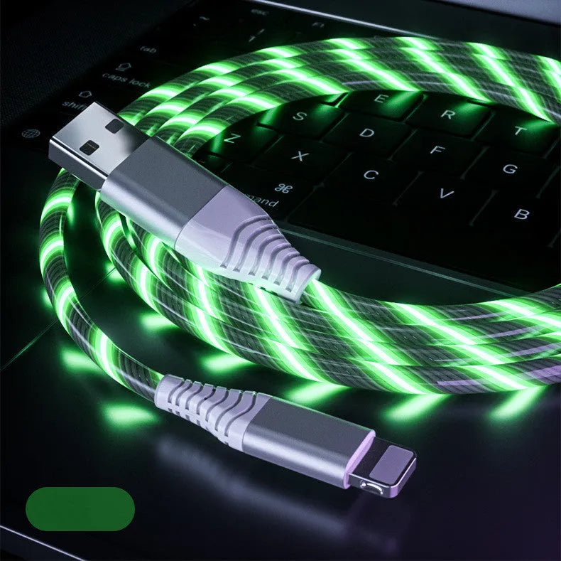 Luminous three-in-one fast charging cable with aluminium alloy connectors for USB C and Micro USB devices.