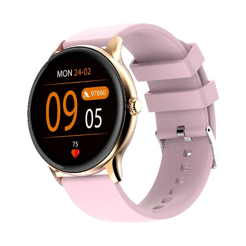 Black smartwatch on a silicone band showing a blood pressure reading on its 1.28-inch screen.
