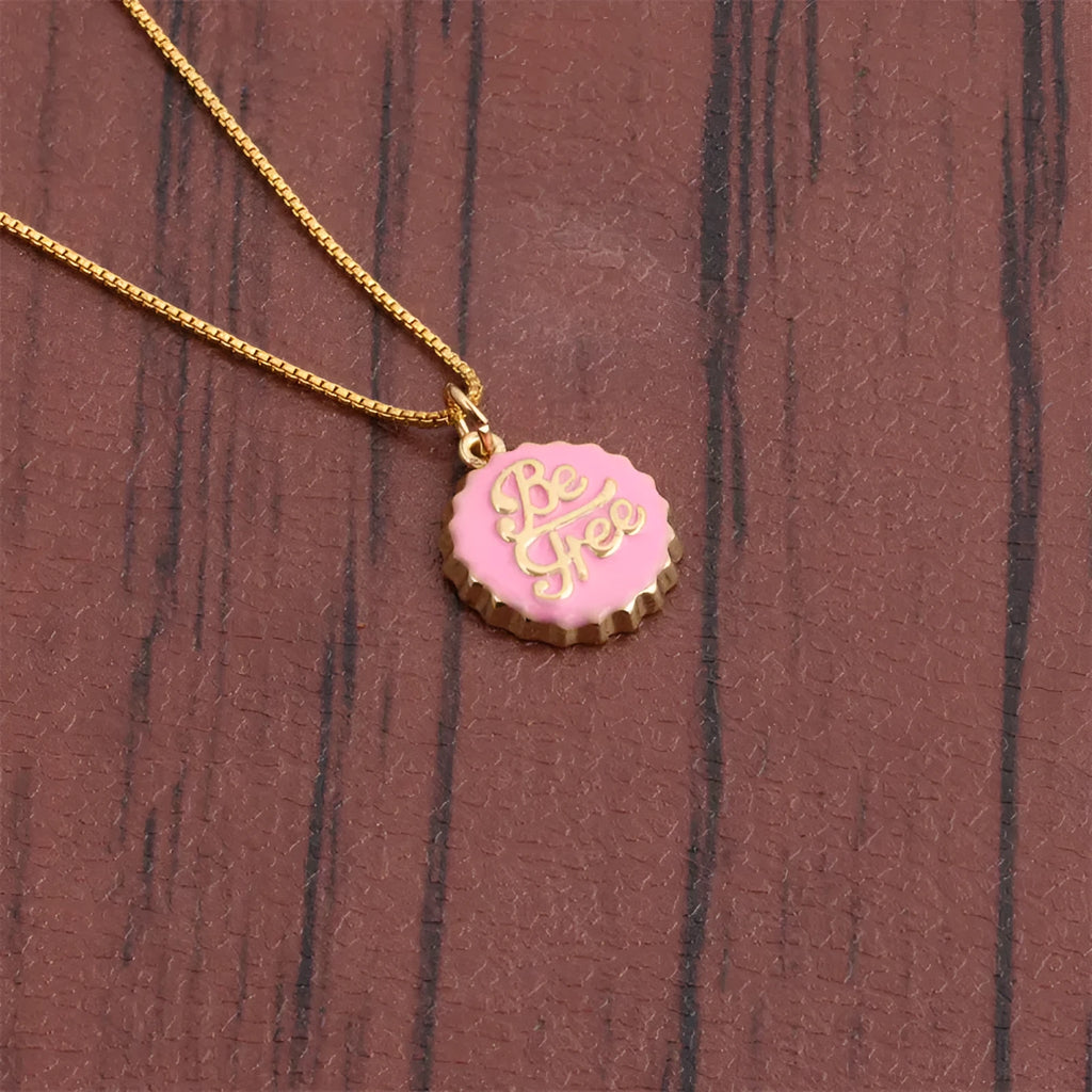 Copper Be Free bottle cap pendant necklace with a 40cm box chain in one of six colour finishes.