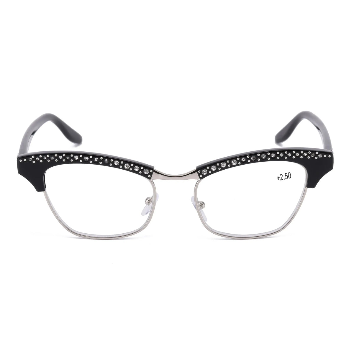 Ladies metal full-frame cat eye reading glasses in black, white, or leopard print, degrees 100 to 350