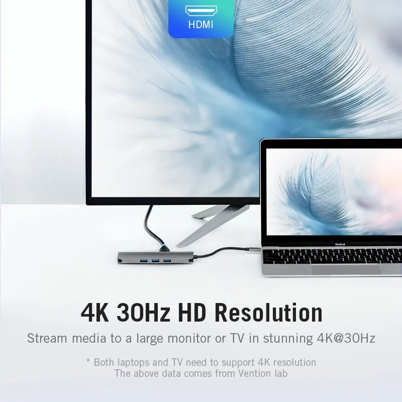 Deep grey Type-C to HDMI hub with USB, Ethernet, and memory card ports on a 15cm cable.