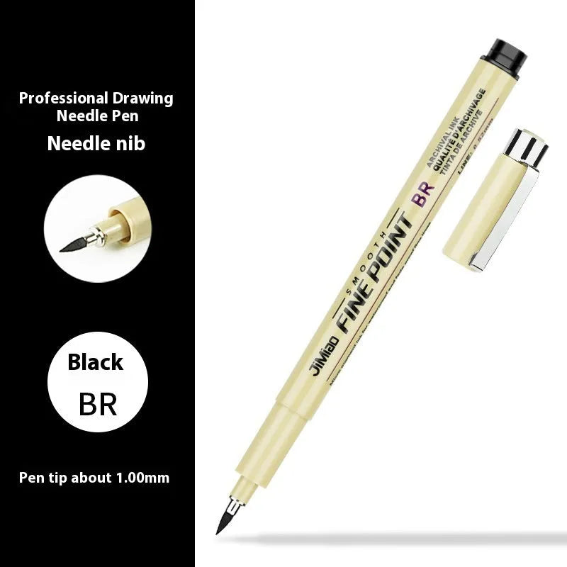 Black waterproof needle pen with plastic body for drawing and writing, showing 133mm length.