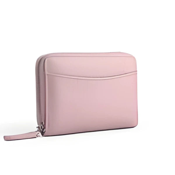 Genuine leather zipper coin purse in solid colour with anti-theft feature and sewing line detail.