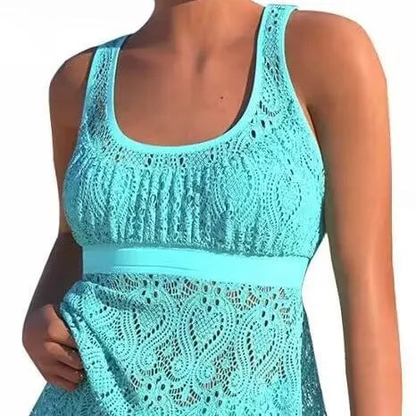 Women's conservative hollow split professional two-piece swimwear set in a solid colour.