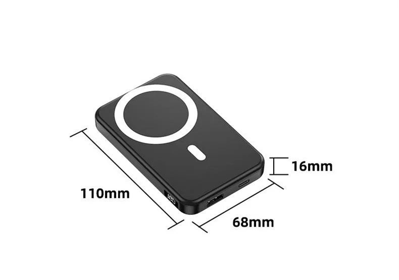 Ultra-thin portable power bank with magnetic wireless charging for iPhone in black, blue or white colours