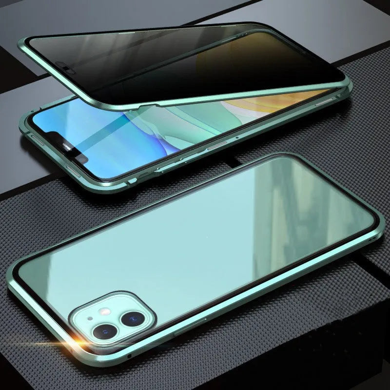 Black double-sided tempered glass magnetic clamshell case for iPhone shown open and closed.