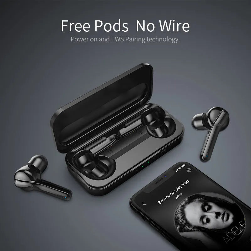 Black and white TWS wireless Bluetooth earbuds with charging case, showing discreet in-ear design.