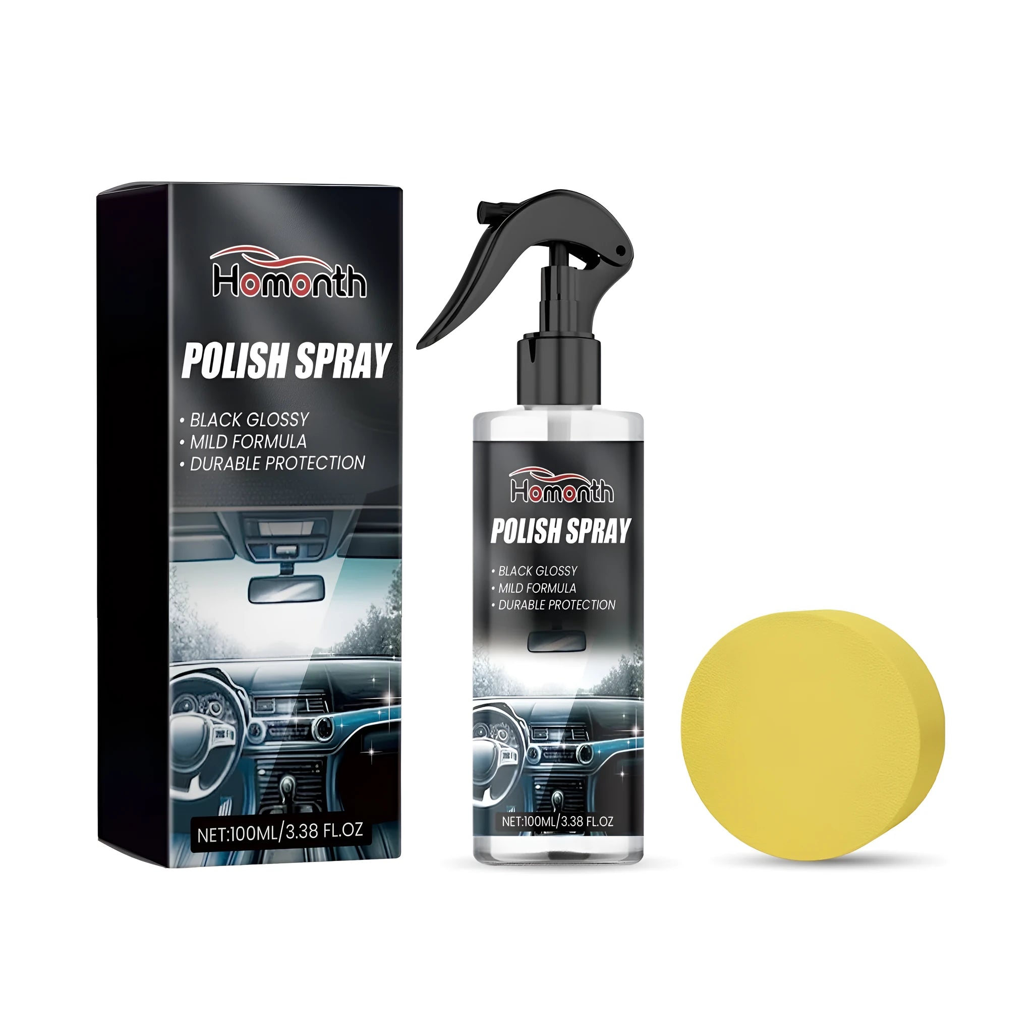 Car interior refurbishment cleaner kit showing 100ml bottle and sponge applicator for dashboard and upholstery cleaning