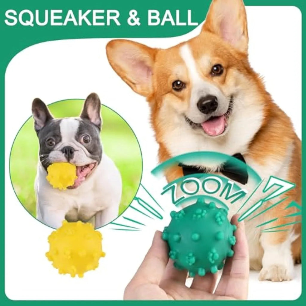 Bright blue, green, pink and yellow spiked squeaky dog balls for small breeds on a grass background.