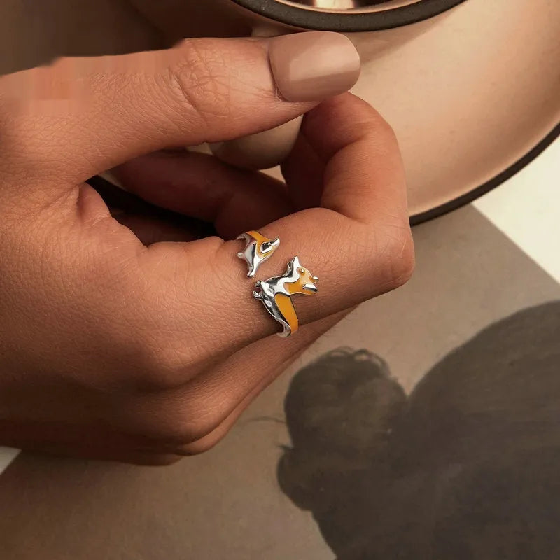 Sterling silver Corgi cartoon ring for women with electroplated finish, colour SCR1014-E