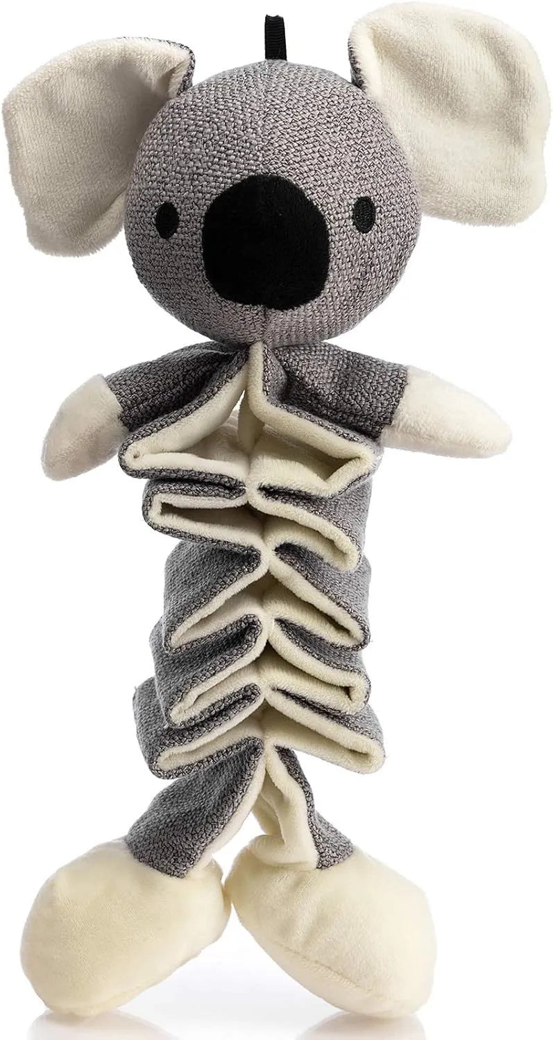 Hollypet grey koala plush dog toy measuring 30cm with squeaker and crinkle paper.