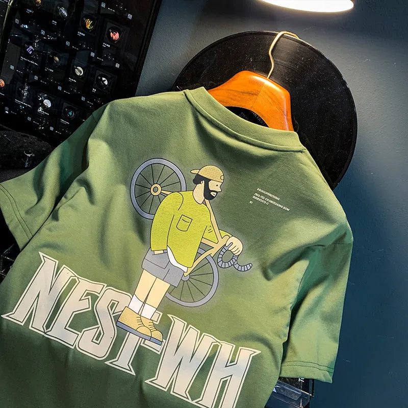 Green men's t-shirt with literary youth print, loose fit short sleeve design